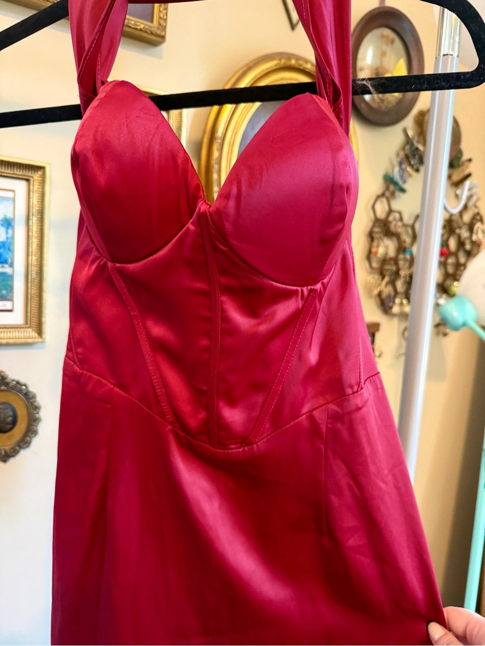 Fashion Nova Red Satin Halter Bustier Midi Dress